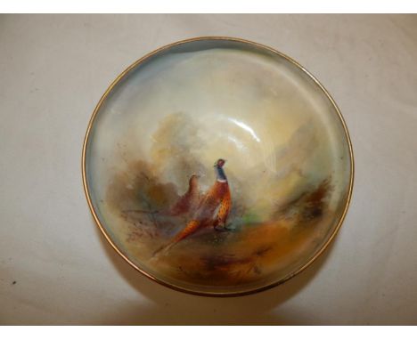 ROYAL WORCESTER PIN DISH PUCE MARK DEC PHEASANT SIG STINTON, HAIRLINE CRACK