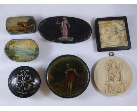 COLLECTION OF GEORGIAN AND OTHER SNUFF AND PATCH BOXES INC. PAPIER MACHE, TIN ETC.