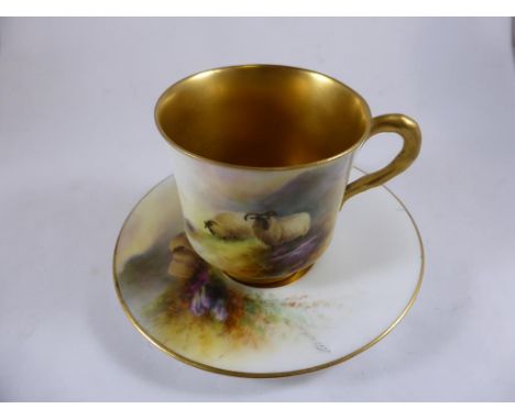 ROYAL WORCESTER HAND PAINTED MINIATURE CABINET CUP AND SAUCER DEPICTING SHEEP IN A HIGHLAND LANDSCAPE, SIGNED E.BARKER