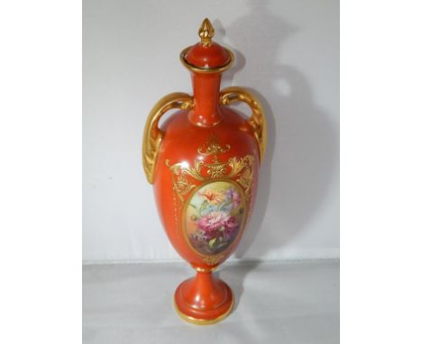ROYAL WORCESTER VASE WITH COVER, SHAPE 2731, DECORATED WITH FLORAL PANELS, SIGNED PHILLIPS, MINOR CHIP TO RIM, APPROX. 7.75 i