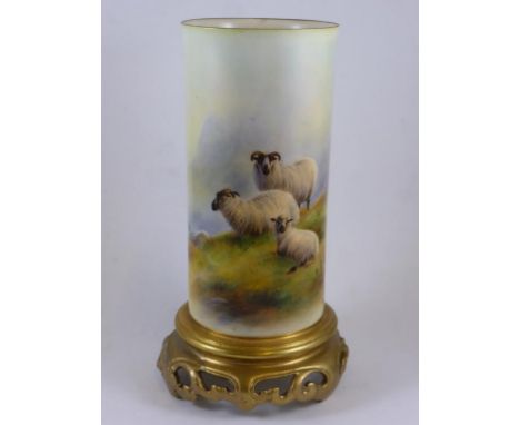 ROYAL WORCESTER CYLINDRICAL SPILL VASE DEPICTING LOWLAND SHEEP IN A MEADOW LANDSCAPE WITH PIERCED GILT LOWER SECTION, PUCE MA