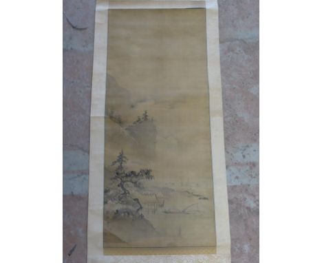CHINESE SCROLL DEPICTING RIVER AND MOUNTAIN LANDSCAPE, APPROX. 95 X 40 cm