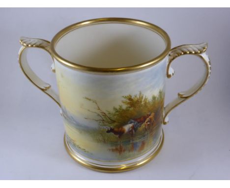 ROYAL WORCESTER 2 HANDLED PRESENTATION TANKARD PAINTED WITH CATTLE, SIGNED HOUGHTON, 1878, PUCE MARK, APPROX. 11.5cm. HENRY S