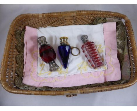 3 VICTORIAN PERFUME BOTTLES, 1 RUBY GLASS WITH SILVER TOP, TAPERED BLUE GLASS WITH SILVER GILT TOP AND DOUBLE END PERFUME BOT