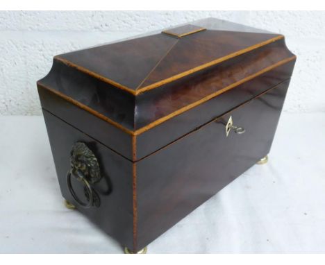 GOOD QUALITY GEORGIAN MAHOGANY SARCOPHAGUS SHAPED TEA CADDY WITH 2 TEA CANISTERS AND MIXING BOWL, LION MASK HANDLES