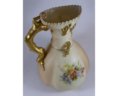 ROYAL WORCESTER BLUSH IVORY JUG WITH CORAL MOULDED HANDLE, SHAPE NUMBER 1507, FLORAL DECORATION