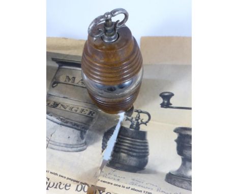TREEN AND GLASS PEPPER GRINDER, POSSIBLY 18TH CENTURY