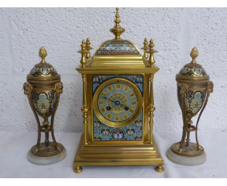 FRENCH BRASS CHAMPLEVE ENAMEL CLOCK GARNITURE