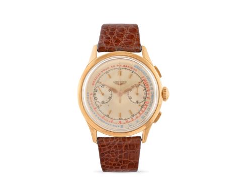 Longines 30CH chronograph 5967, 50s18k rose gold round case, rectangular pushers.Argenté dial, multi-scale with pulsations an