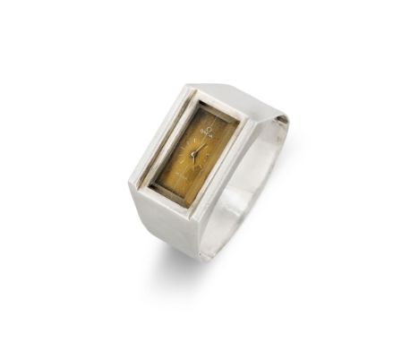 Omega De Ville Emerald 8269-424, 70sSterling silver rectangular case, emerald-cut raised glass.Blue dial turned tropical with