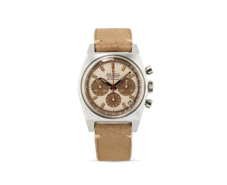 Zenith El Primero A384, 70sStainless steel tonneau case, screw back, faceted lugs, round pushers.Cream coloured dial with gre