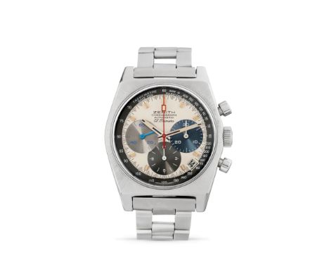 Zenith El Primero A3817, 70sStainless steel tonneau case, screw back, faceted lugs, round pushers.Argenté dial with grené fin