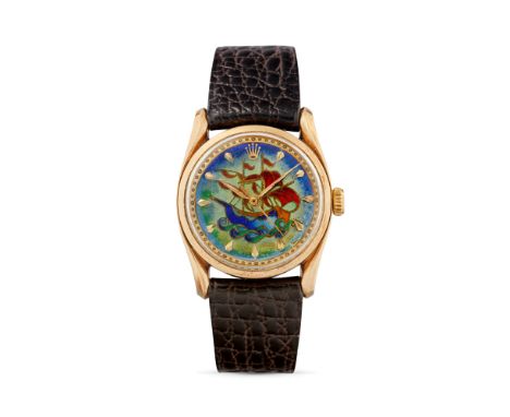 Rolex Bombay 6092 with custom champlevé enamel dial, 50s14k gold round case, n.702752, engraved case back, lyre lugs.Cloisonn