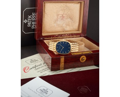 Patek Philippe Ellipse Jumbo 3738/115, 80s18k gold elliptical case, n.2852762.Blue dial, applied indexes.Automatic movement, 