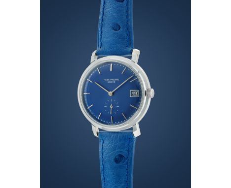 Patek Philippe Calatrava 3445, 70s18k white gold round case, n.332156, screw back, faceted lugs. Blue dial, applied indexes. 