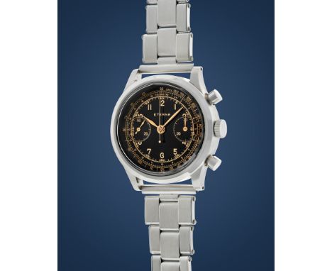 Eterna Clamshell chronograph, 40sStainless steel round Clamshell case, n.2480111, round pushers.Black glossy dial, multi-scal