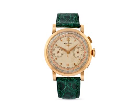 Longines 30CH chronograph 6234, 50s18k rose gold round case, rectangular pushers.Argenté dial, multi-scale, applied indexes a