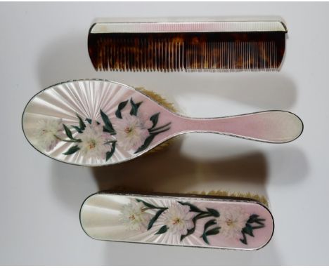 An Elizabeth II Silver and Floral Guilloché Enamel Three Part Brush and Comb, London 1960, TP 