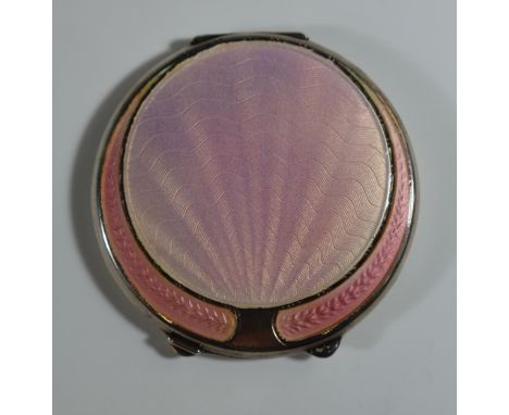 A George VI Deco Silver and Pink Guilloché Enamel Compact with engine turned base, Birmingham 1946?, Joseph Gloster Ltd., 68m