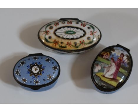 Three Bilston Battersea Enamel Patch Pots. All A/F 
