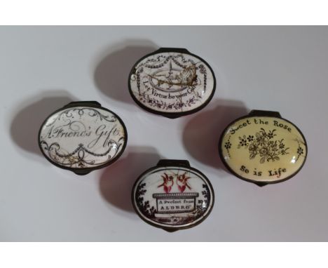 Four Bilston Battersea Enamel Patch Pots _ "A Present from Al'dbro", "Let Virtue be your Guide", "A Friend's Gift" and "Sweet