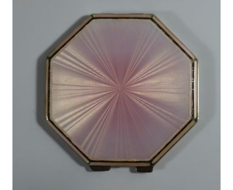 A George VI Silver and Pink Guilloché Enamel Hexagonal Compact with engine turned base, Birmingham 1938, 74mm wide, 88.8g gro