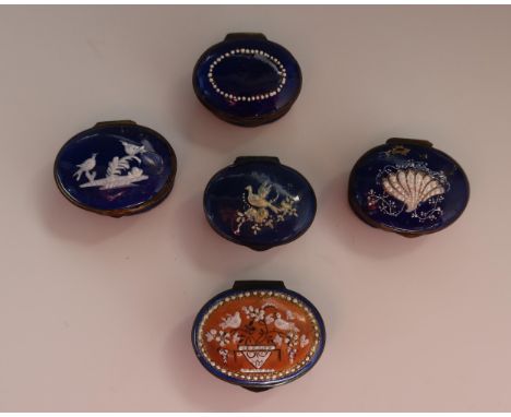 Five Bilston Battersea Enamel Patch Pots decorated with birds, etc. All A/F 