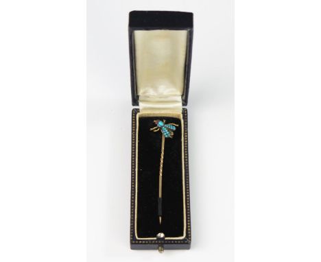 A Cased Victorian Unmarked Gold, Turquoise and Cabochon Amethyst Bug Pin, 66mm long, 2.7g 