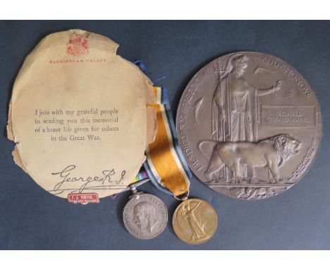 A WWI Medal Pair awarded to 37110 PTE. R.G. HARRIS. DEVON. R. and Death Plaque to REGINALD GERALD HARRIS 