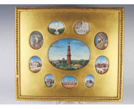 A 19th Century Indian Suite of Ten Indian Temple and Portrait Miniatures on Ivory, largest panel 15 x 11.5 cm, framed &amp; g