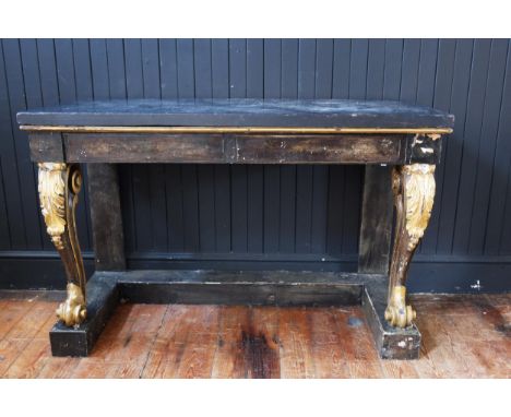 A Part C19th Black and Gilt Decorated Console Table with a Slate Top, 34in. (86cm.) high, 52in. (132cm.) wide, 22in. (56cm.) 