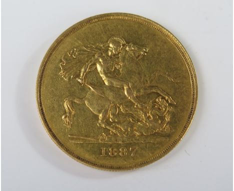United Kingdom Victoria (second portrait) 1887 Gold £5 Coin, VF, Reference KM# 769 and Sp# 3864 
