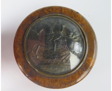 A 19th Century Burr Wood and Tortoise Shell Lined Snuff Box decorated with an embossed plaque depicting ENTREE DE NAPOLEON A 