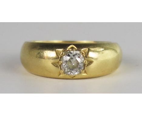 A Heavy Antique 18ct Gold and Diamond Gypsy Ring, size N.75, 11.3g. Diamond c. 5.2mm 