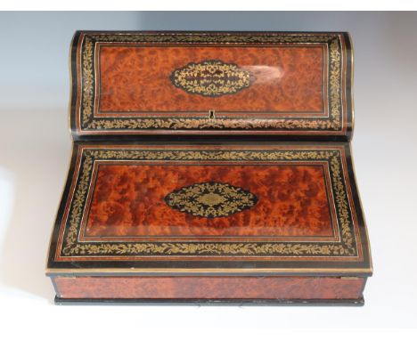 A Fine French Napoleon III Period Amboyna, Ebony and Ormolu Table Top Writing Slope signed by Maison Alphonse Giroux of Paris