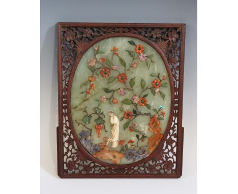 A 19th Century Chinese Table Screen decorated with precious stones including jadeite, amethyst, lapis lazuli, turquoise and a