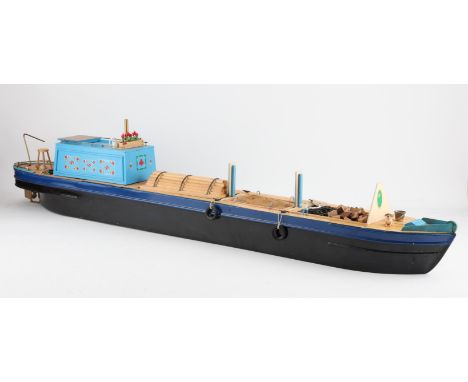 Painted plywood and fibre glass hulled model of a narrow boat, with Mtroniks Viper Marine 15 engine, 131cm long,