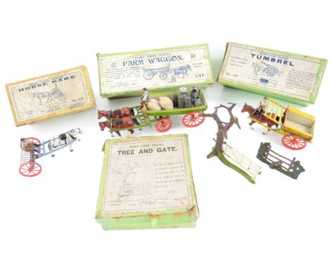 Collection of Britains Home Farm Series items, to include 5F Farm Waggon, 4F Tumbrel, 8F Horse Rake, 7F Tree and Gate, horses