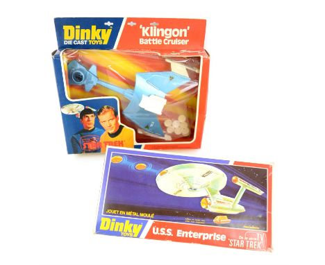 Dinky Toys 357 Klingon Battle Cruiser, with photon missiles, and 358 USS Enterprise with photon missiles and shuttle, (2), bo