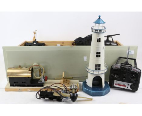 Tin plate model light house, an engine, radio control units and other items,