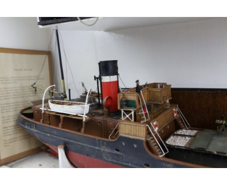 Radio controlled model boat 'SS Talacre', 85cm long, in fitted glass case with lift out glass panel, case h45 x w93 x d23.5cm