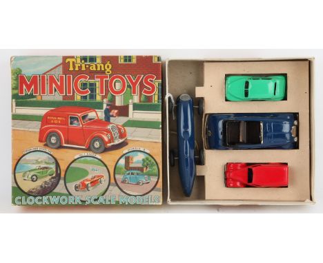 Tri-Ang Minic Presentation Set No. 1, comprising Royal Mail Van, Streamlined Sports Car, No. 1 Racer and Morris 8 with windin