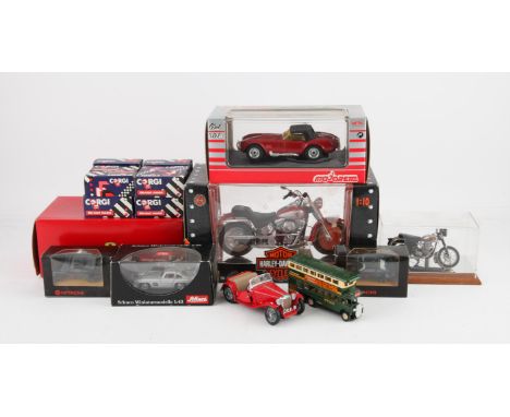 Maisto 1:10 scale model Harley Davidson 1999 FLSTF Fat Boy, and other smaller scale model cars, (mostly boxed),