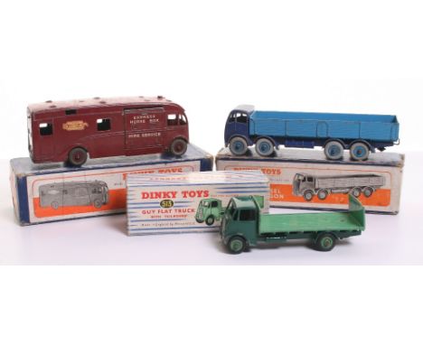  Three Boxed Dinky Toys, 501 Foden Diesel 8-wheel wagon, 2nd type, dark blue cab, light blue back, 513 Guy Flat Truck, dark g