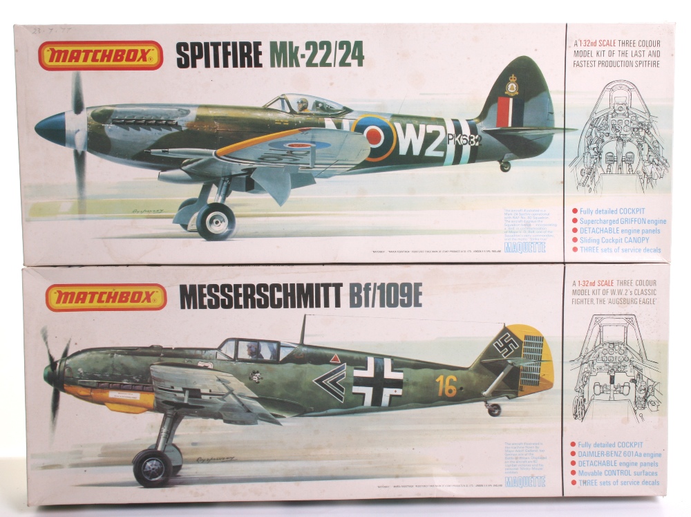 Two Matchbox Model Kits,PK501 Spitfire Mk22/24 & PK502 Messerchmitt Bf/109E (132 Scale) both