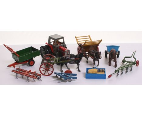 Unboxed Britains Tractor and Farm Implements, Massey Ferguson 595 Tractor (missing exhaust/air filter, Farm Rake with lead ho