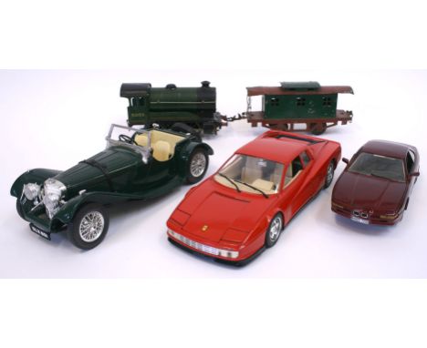 Burago 1/18 Scale Models, Ferrari Testarossa (1984), Jaguar SS100 and Revell 1/24 scale BMW 850i (one wheel loose) all in goo