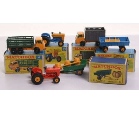 Six Matchbox  Regular Wheels, 4d Stake Truck, yellow body, green stake body, black plastic wheels, in F type box, 37c Dodge C