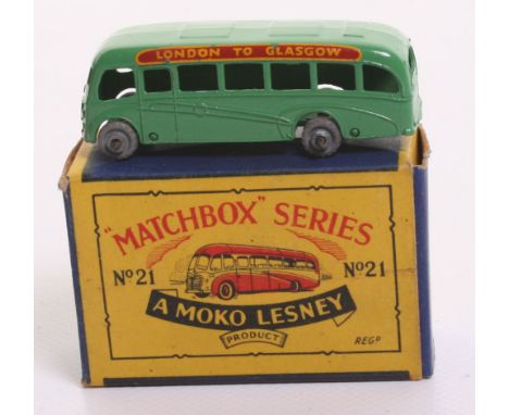 Matchbox Moko Lesney 21a Bedford Duple Coach ‘London to Glasgow’ light green, silver trim, metal wheels, in near mint  condit