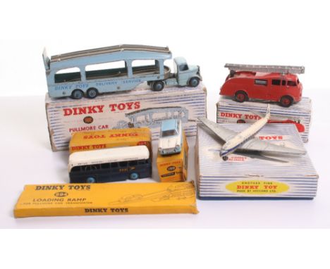 Six Boxed Dinky Toys, 189 Triumph Herald, blue/white, 283 BOAC Coach (box missing both end flaps) 582 Pullmore Car Transporte